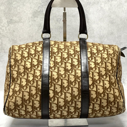 Christian Dior Boston Bag Trotter Handbag Purse Brown Canvas Leather Authentic