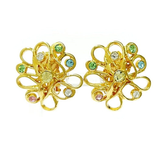 Saint Laurent Earrings GP Rhinestone Flower Gold Authentic