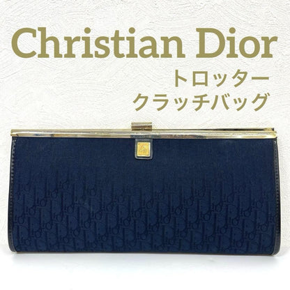 Christian Dior Clutch Bag Second Bag Logo Trotter Navy Gold Authentic