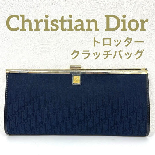 Christian Dior Clutch Bag Second Bag Logo Trotter Navy Gold Authentic