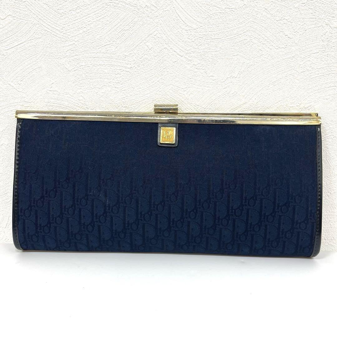Christian Dior Clutch Bag Second Bag Logo Trotter Navy Gold Authentic