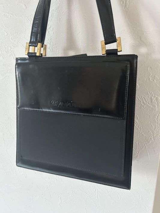 Saint Laurent Hand Bag Tote Purse Logo Canvas Leather Black Authentic