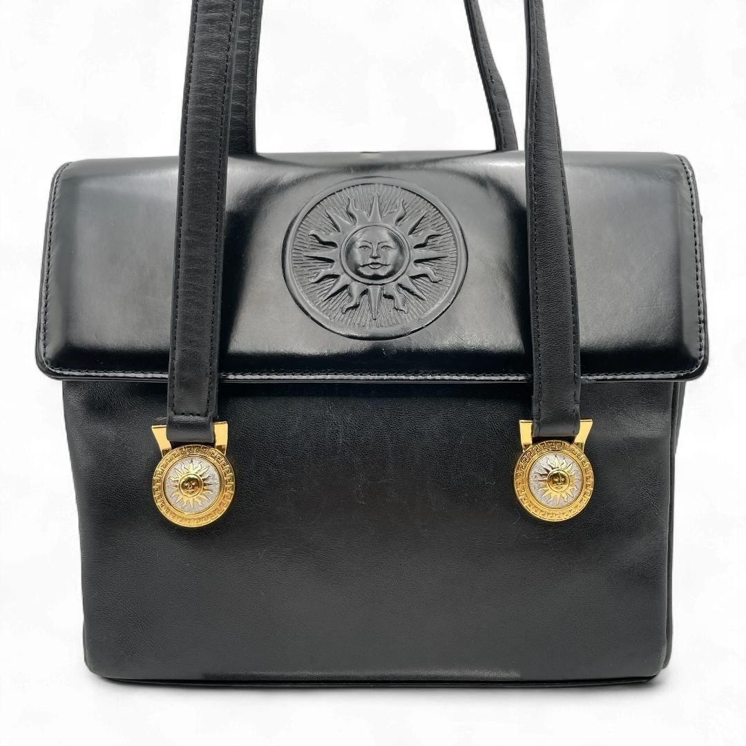 VERSACE Hand Bag Tote Purse Sunburst Leather Black Authentic