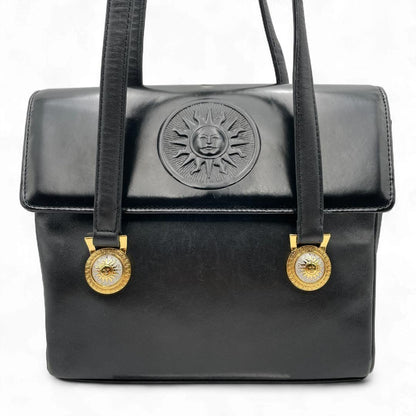 VERSACE Hand Bag Tote Purse Sunburst Leather Black Authentic
