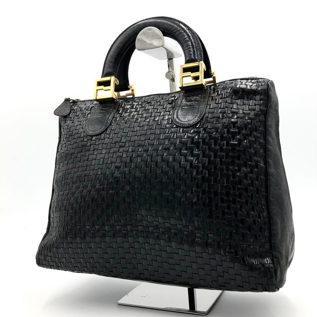 FENDI Mini Boston Bag Hand Tote Purse FF Leather Black Authentic