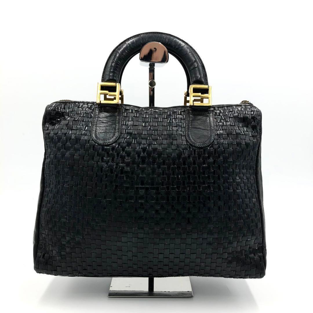 FENDI Mini Boston Bag Hand Tote Purse FF Leather Black Authentic