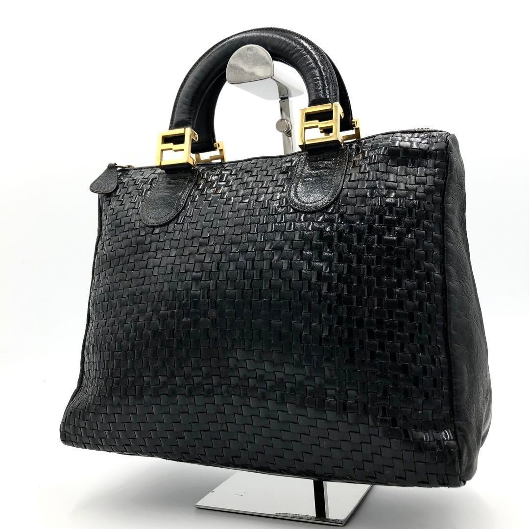 FENDI Mini Boston Bag Hand Tote Purse FF Leather Black Authentic