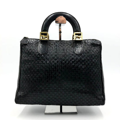 FENDI Mini Boston Bag Hand Tote Purse FF Leather Black Authentic