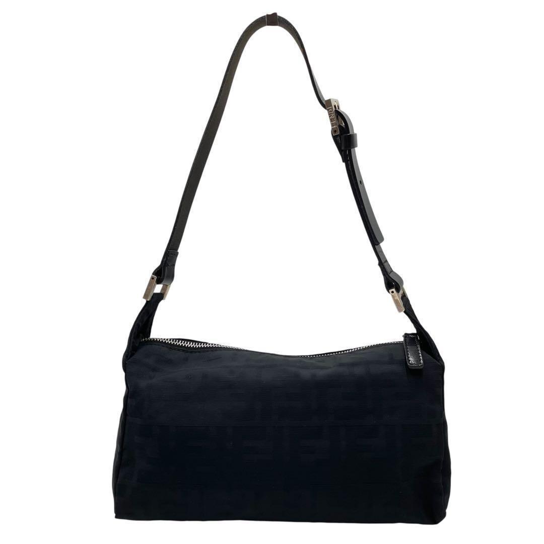FENDI Accessory Pouch Shoulder Bag Purse FF Zucca Cotton Black Authentic