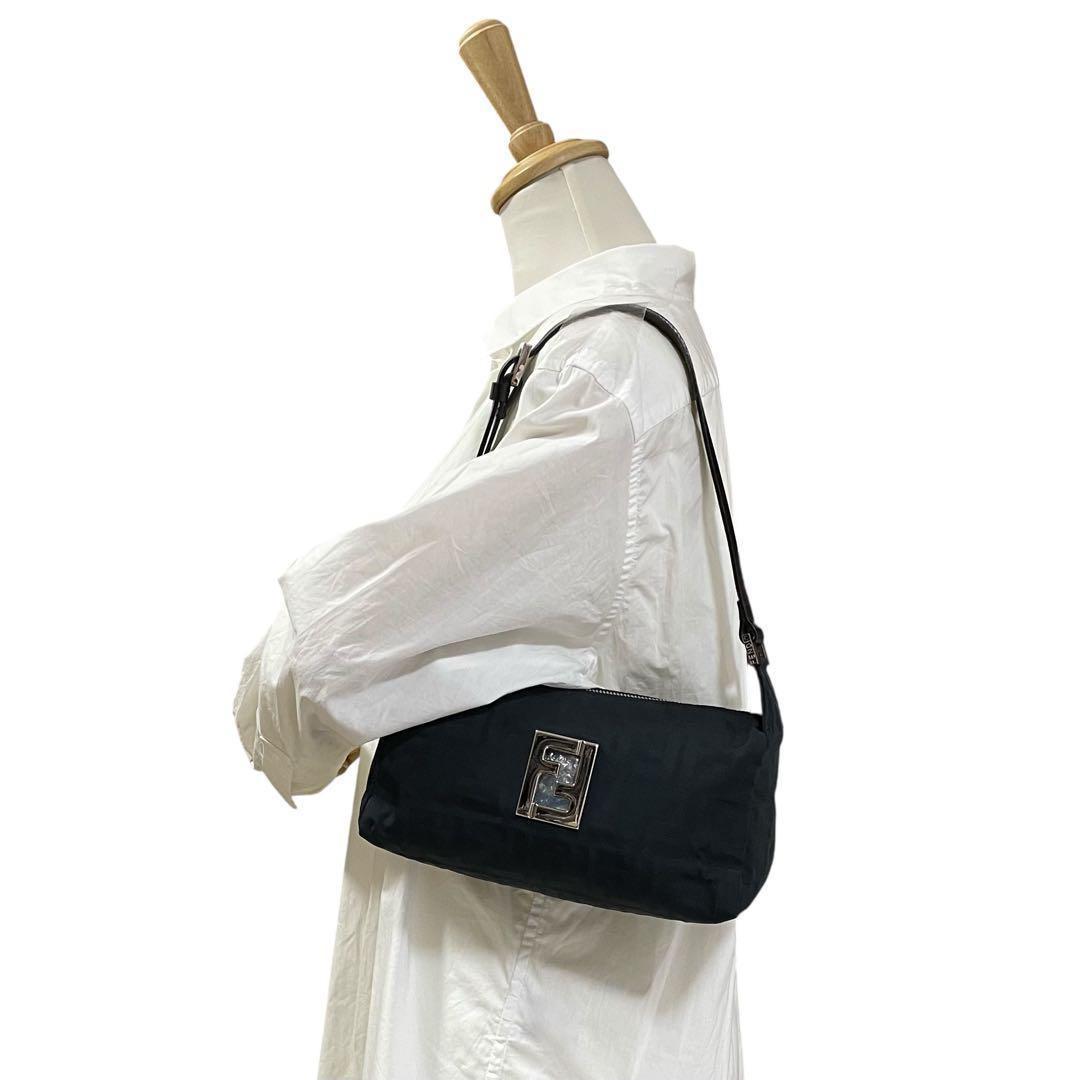 FENDI Accessory Pouch Shoulder Bag Purse FF Zucca Cotton Black Authentic