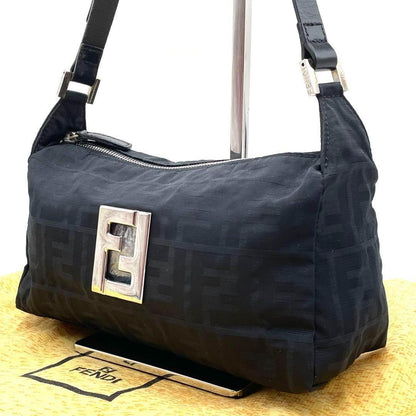 FENDI Accessory Pouch Shoulder Bag Purse FF Zucca Cotton Black Authentic