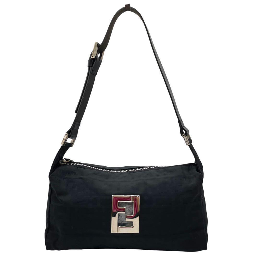 FENDI Accessory Pouch Shoulder Bag Purse FF Zucca Cotton Black Authentic
