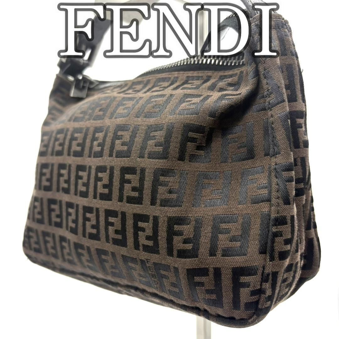 FENDI Accessory Pouch Hand Pouch FF Zucca Canvas Leather Brown Authentic