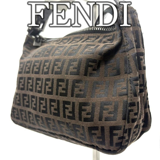FENDI Accessory Pouch Hand Pouch FF Zucca Canvas Leather Brown Authentic