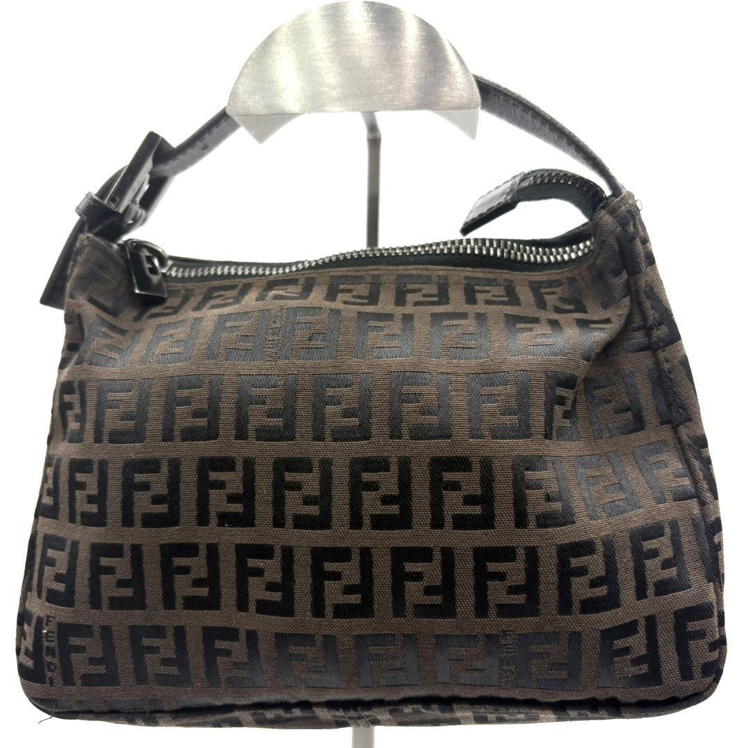 FENDI Accessory Pouch Hand Pouch FF Zucca Canvas Leather Brown Authentic