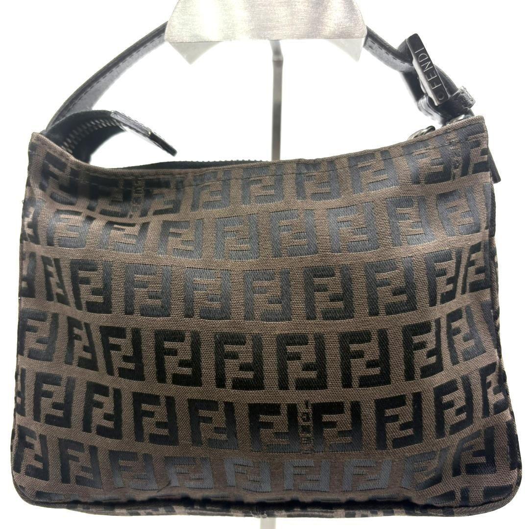 FENDI Accessory Pouch Hand Pouch FF Zucca Canvas Leather Brown Authentic