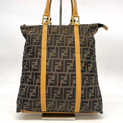 FENDI Hand Bag Tote Purse FF Zucca Canvas Leather Brown Authentic