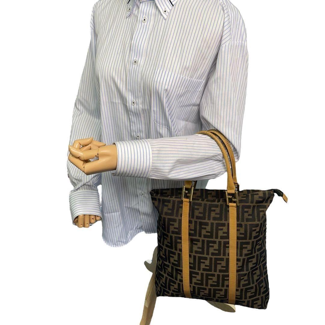 FENDI Hand Bag Tote Purse FF Zucca Canvas Leather Brown Authentic