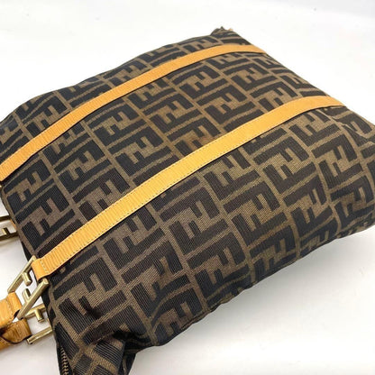 FENDI Hand Bag Tote Purse FF Zucca Canvas Leather Brown Authentic