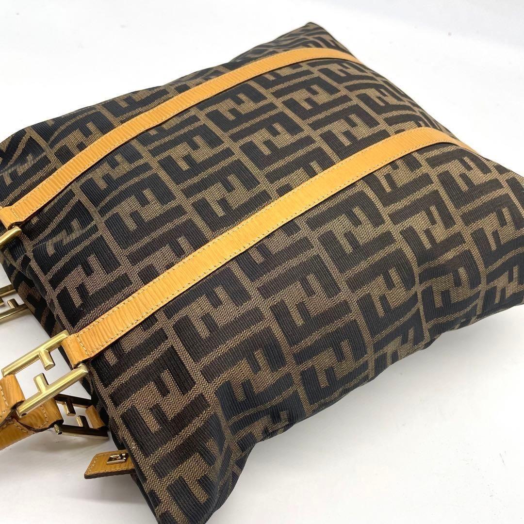 FENDI Hand Bag Tote Purse FF Zucca Canvas Leather Brown Authentic