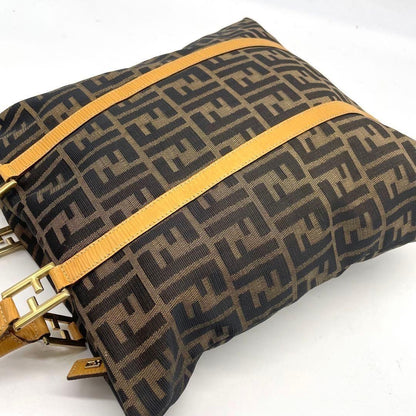 FENDI Hand Bag Tote Purse FF Zucca Canvas Leather Brown Authentic