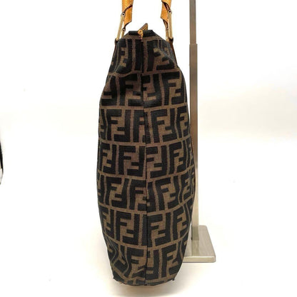 FENDI Hand Bag Tote Purse FF Zucca Canvas Leather Brown Authentic