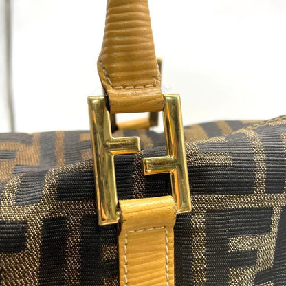 FENDI Hand Bag Tote Purse FF Zucca Canvas Leather Brown Authentic