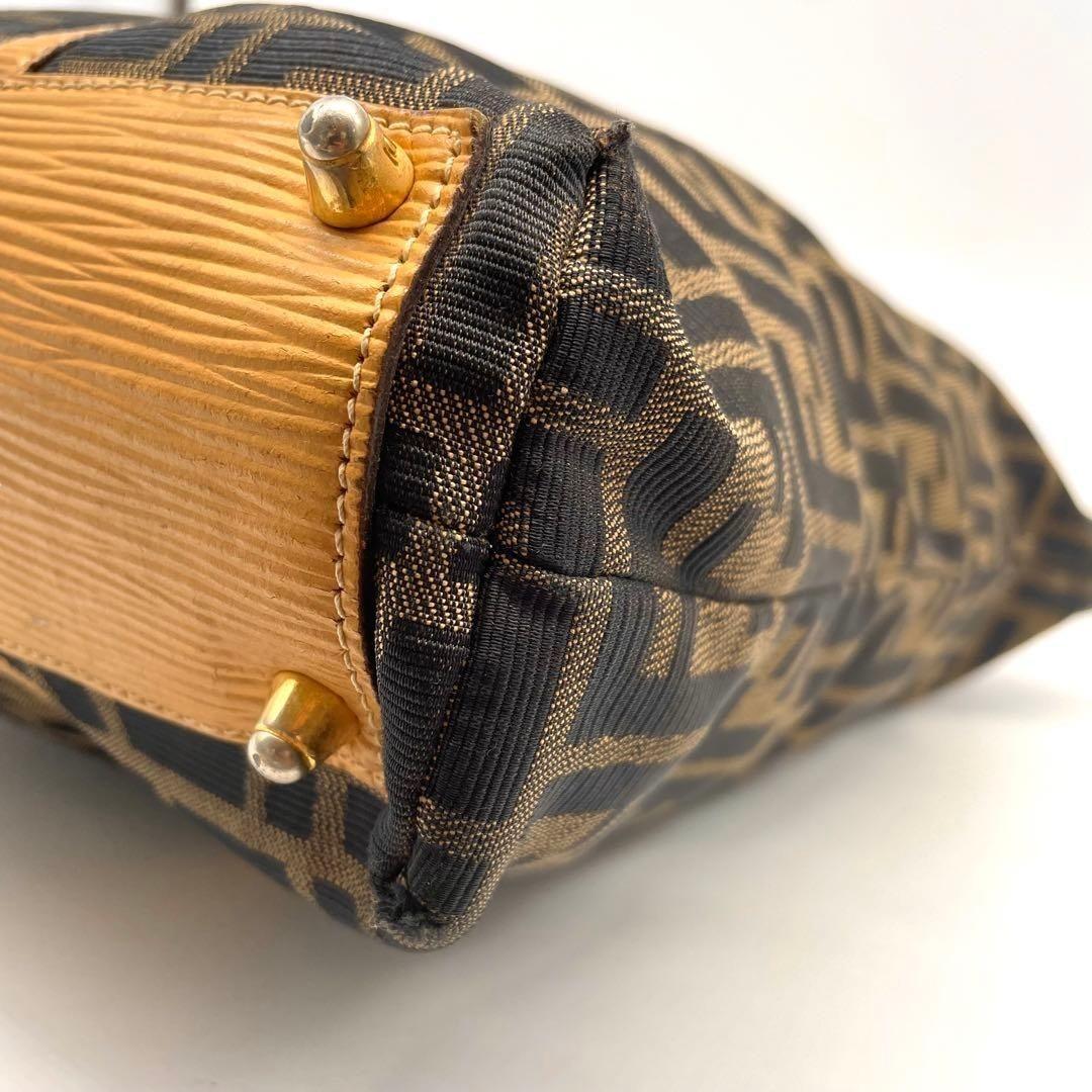 FENDI Hand Bag Tote Purse FF Zucca Canvas Leather Brown Authentic