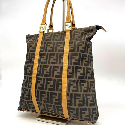 FENDI Hand Bag Tote Purse FF Zucca Canvas Leather Brown Authentic