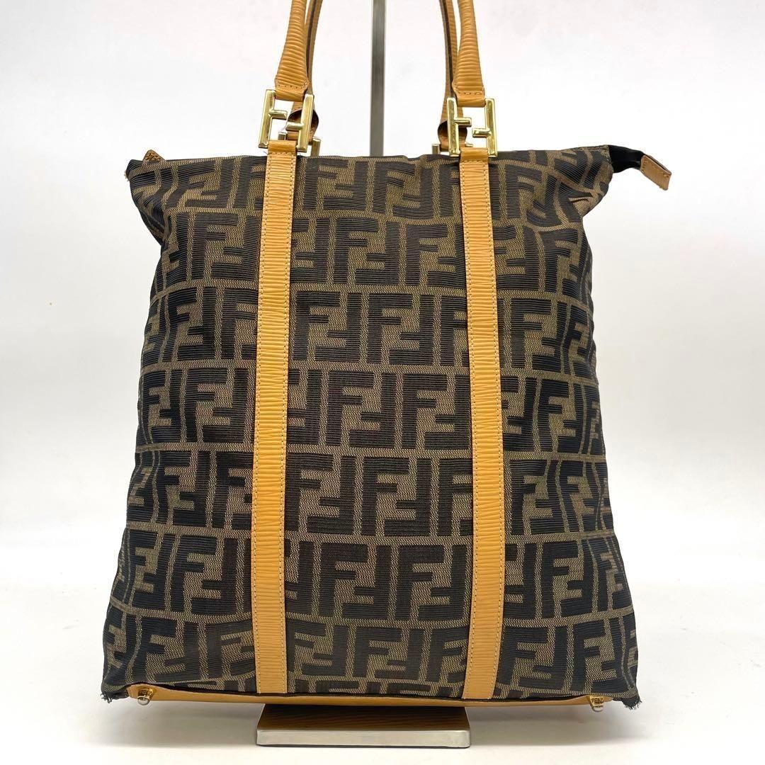 FENDI Hand Bag Tote Purse FF Zucca Canvas Leather Brown Authentic