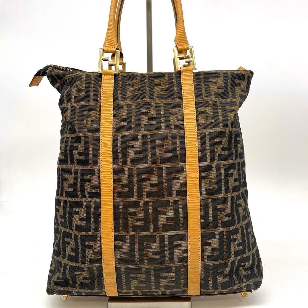 FENDI Hand Bag Tote Purse FF Zucca Canvas Leather Brown Authentic