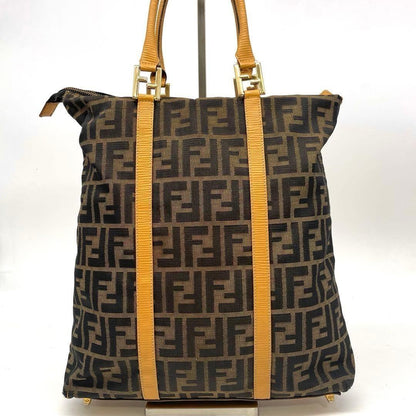 FENDI Hand Bag Tote Purse FF Zucca Canvas Leather Brown Authentic
