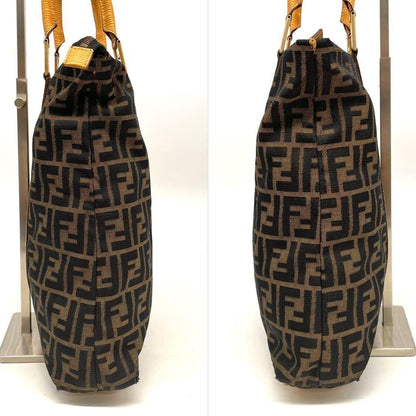 FENDI Hand Bag Tote Purse FF Zucca Canvas Leather Brown Authentic