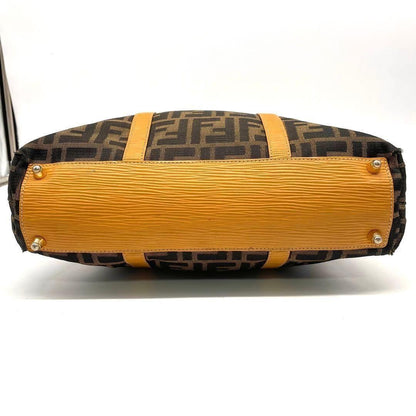 FENDI Hand Bag Tote Purse FF Zucca Canvas Leather Brown Authentic