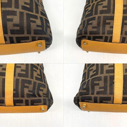 FENDI Hand Bag Tote Purse FF Zucca Canvas Leather Brown Authentic