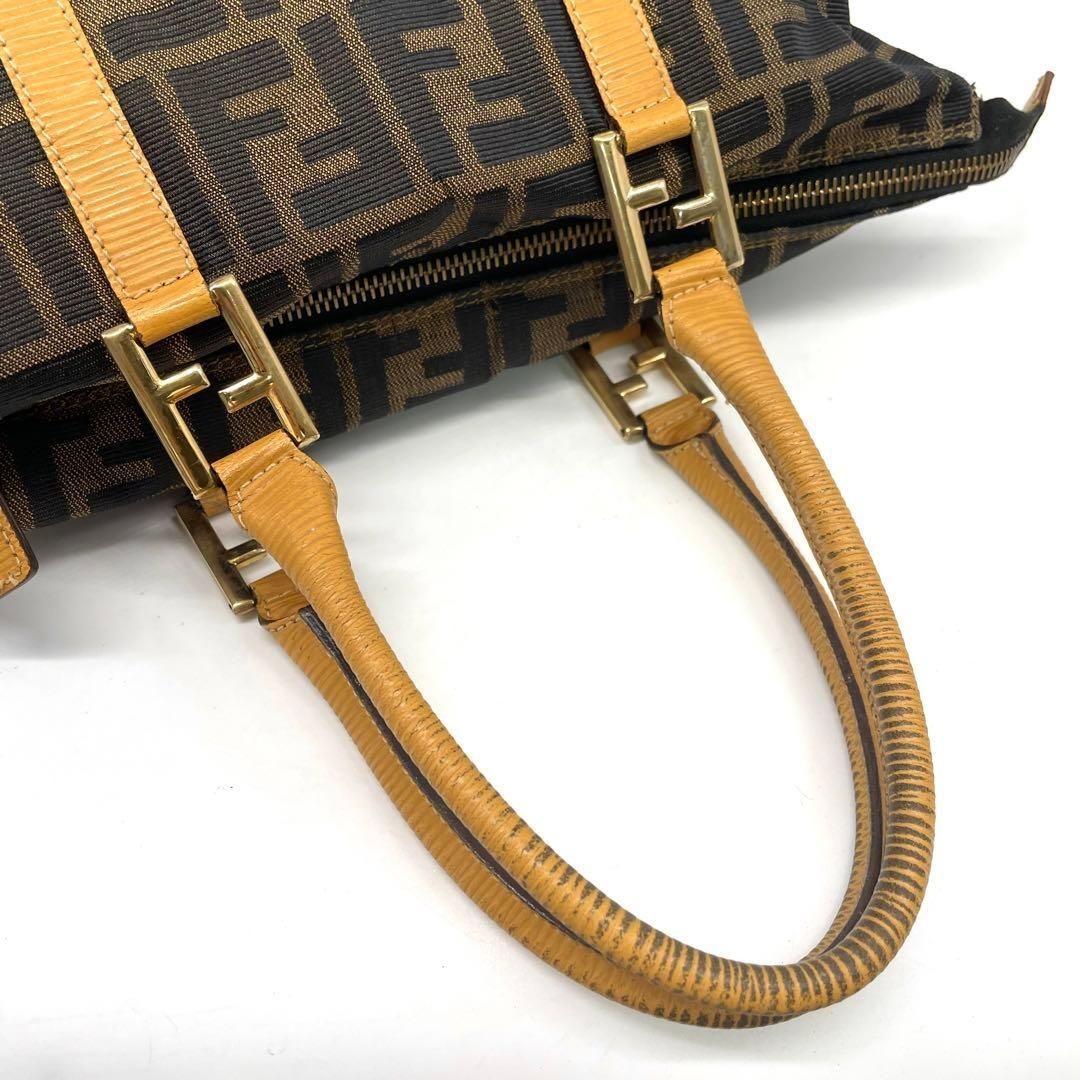 FENDI Hand Bag Tote Purse FF Zucca Canvas Leather Brown Authentic