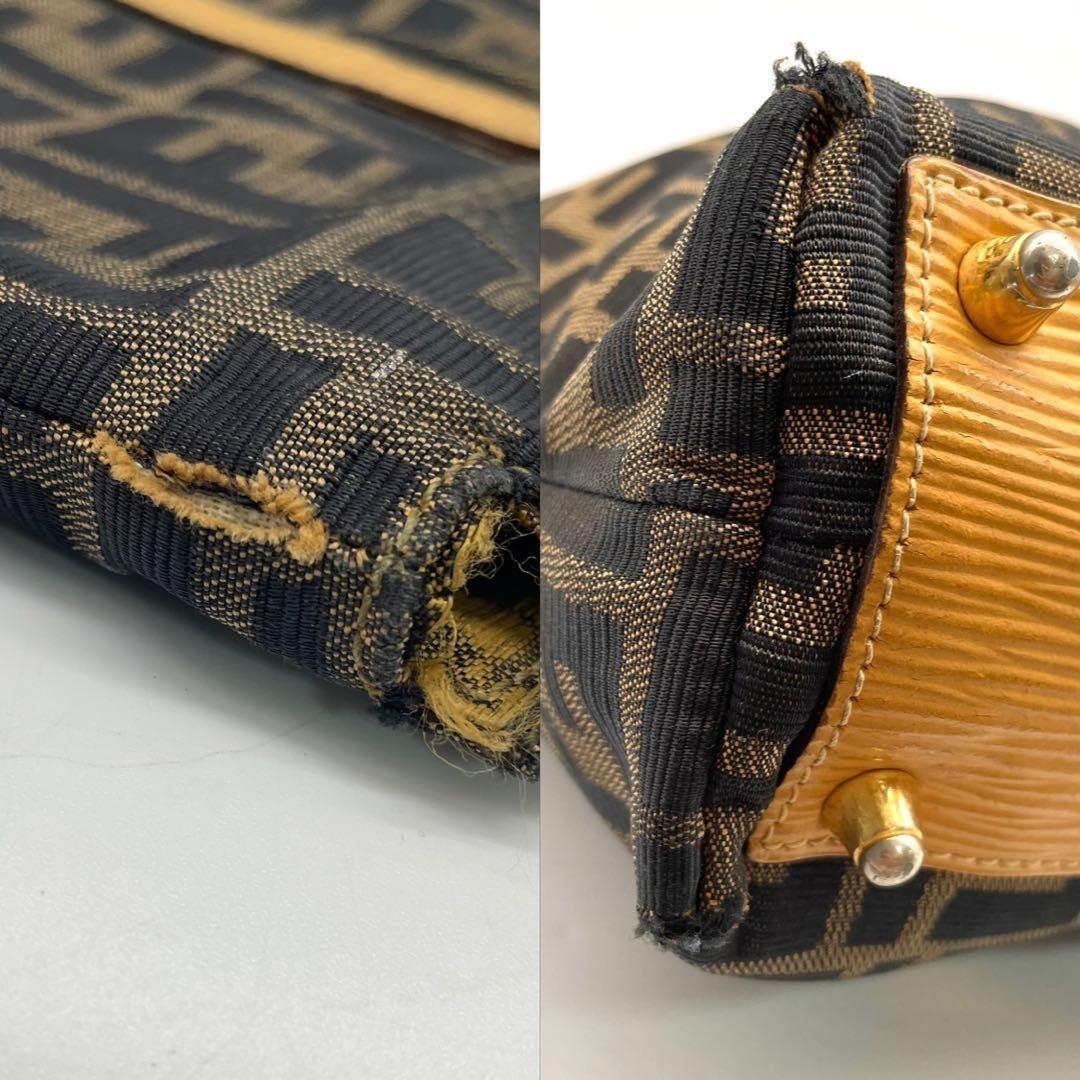 FENDI Hand Bag Tote Purse FF Zucca Canvas Leather Brown Authentic