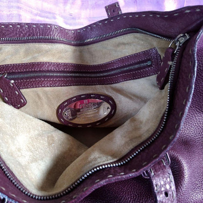 FENDI Hand Bag Tote Purse Selleria Leather Burgundy Authentic