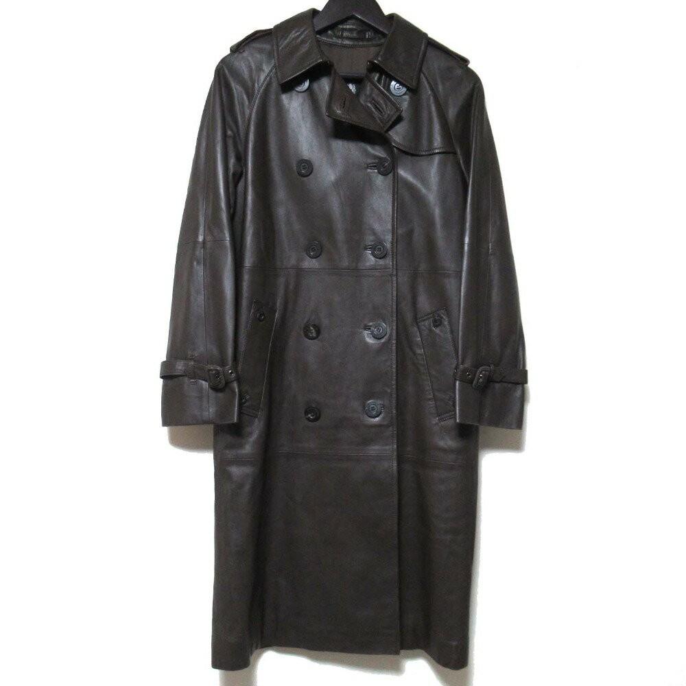 Aquascutum Double-breasted lambskin leather trench coat size 7F Dark Brown Auth