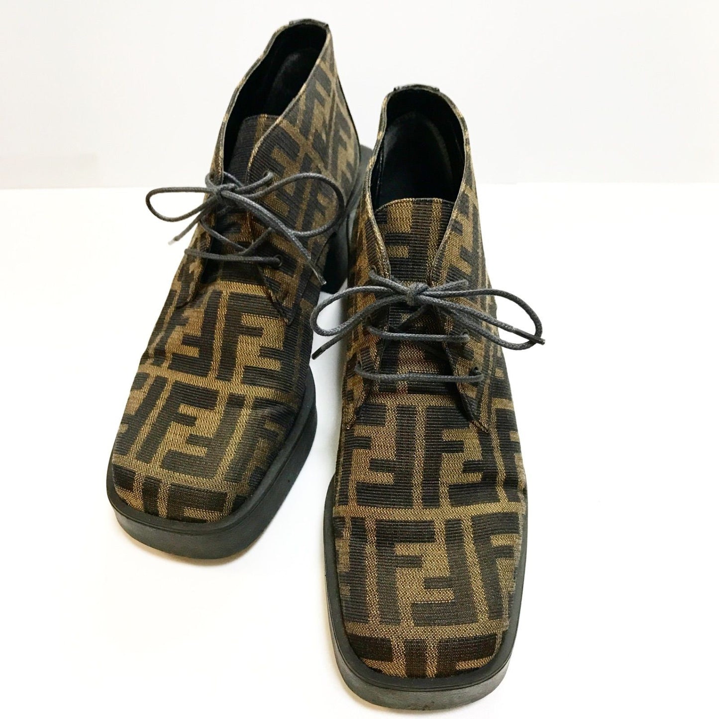 FENDI Short Boots Shoes FF Zucca EU 36 US 6 Canvas Leather Brown Authentic