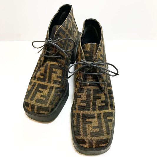 FENDI Short Boots Shoes FF Zucca EU 36 US 6 Canvas Leather Brown Authentic