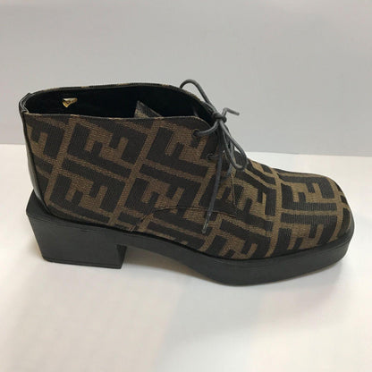 FENDI Short Boots Shoes FF Zucca EU 36 US 6 Canvas Leather Brown Authentic