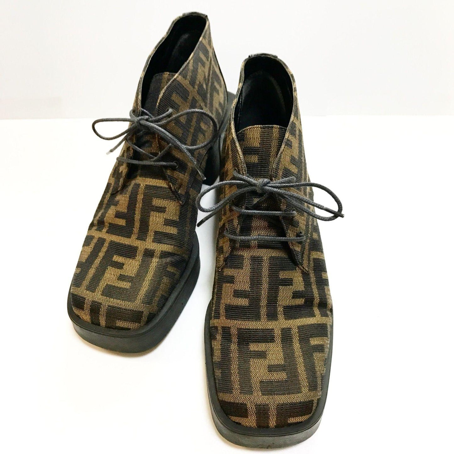 FENDI Short Boots Shoes FF Zucca EU 36 US 6 Canvas Leather Brown Authentic