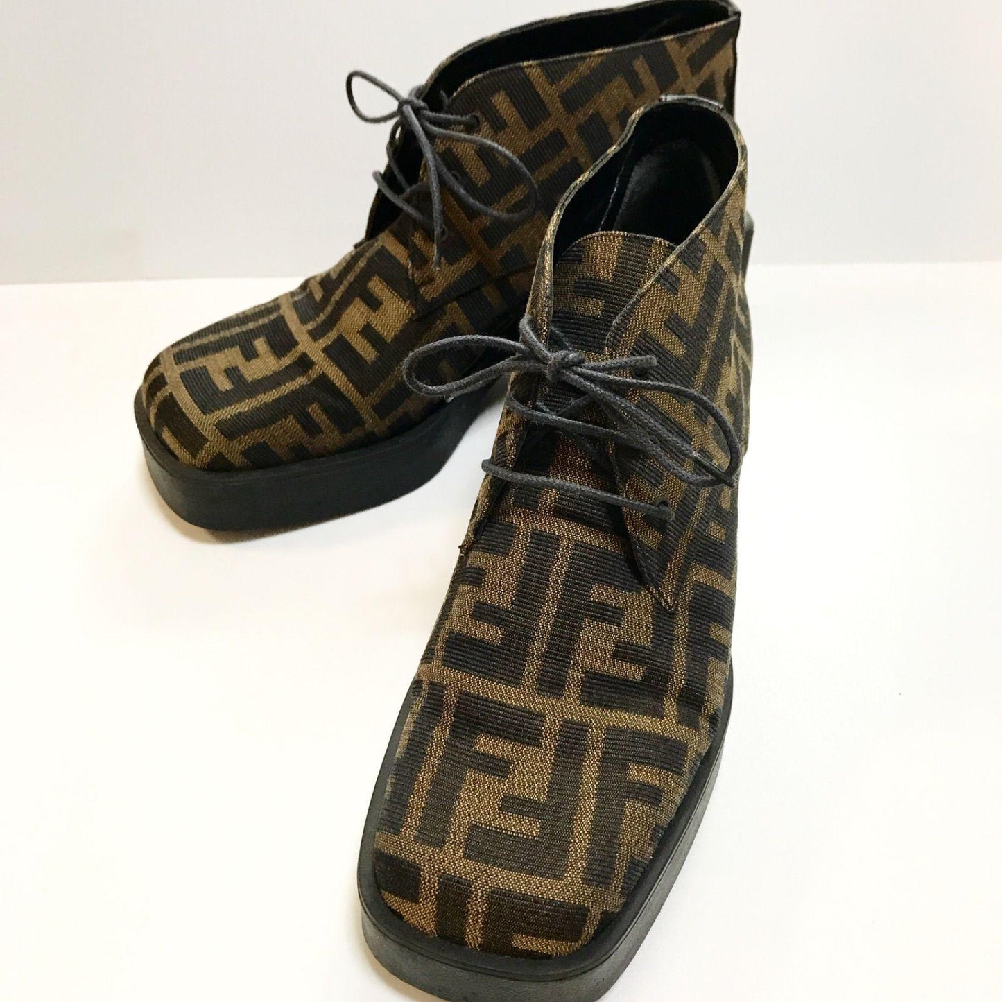 FENDI Short Boots Shoes FF Zucca EU 36 US 6 Canvas Leather Brown Authentic