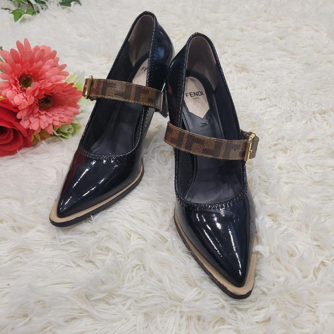 FENDI Shoes Pumps Heel FF Zucca EU 38 US 8 Black Authentic