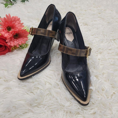 FENDI Shoes Pumps Heel FF Zucca EU 38 US 8 Black Authentic
