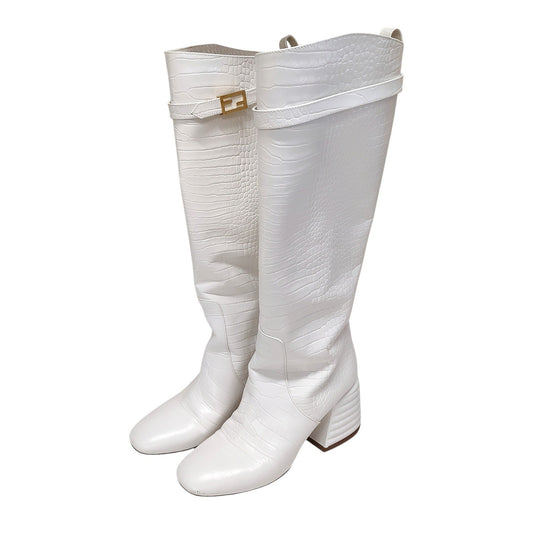 FENDI Long Boots Shoes EU 37 US 7 Leather White Authentic