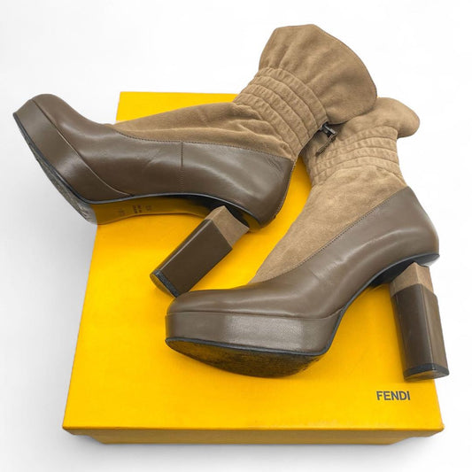FENDI Short Boots Shoes EU 36.5 US 6.5 Suede Leather Brown Authentic