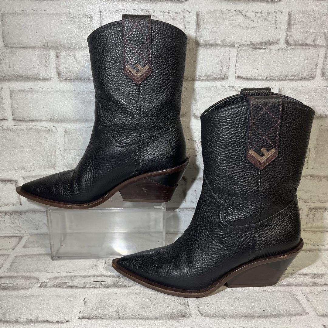 FENDI Long Boots Shoes EU 37 US 7 Leather Black Authentic