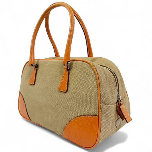 PRADA Hand Bag Tote Purse Logo Canvas Beige Orange Authentic